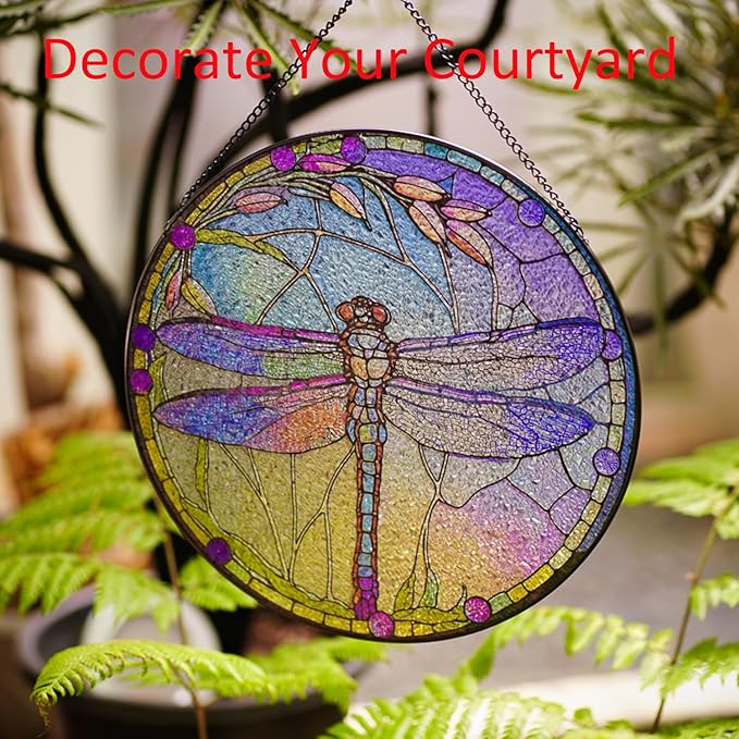 Stained Glass Window Hanging,20cm/7.87inch Dragonfly Hand-Painted Sun Catcher Garden Hangings Christmas Mother's Day, Valentine's Day Ornaments Festival Gift (C Style)
