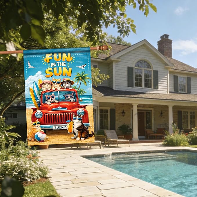 Nuxovilar Large Summer Garden Flag Fun In The Sun Cat Beach Truck Pattern Polyester 28×40 Inches Garden Flags for Outside Fun Decor Yard Porch Lawn