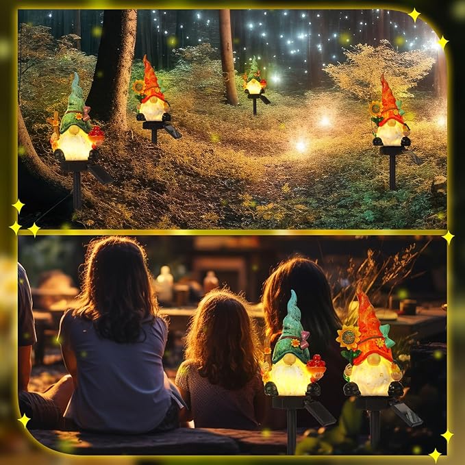 Rossesay 2 Pack Garden Decor Gnome Statues with Solar Lights Gnomes Lights Gifts for Mom Grandma Gnome Figurine for Outdoor Garden Pathway Lawn Patio Yard Decoration