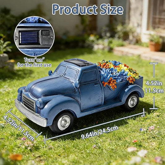 Solar Garden Decor Outdoor Statues Truck with Succulent and 7 LED Lights, Yard Decor for Outside, Yard Art Gardening Gifts for Women Mom Grandma (Blue Truck)
