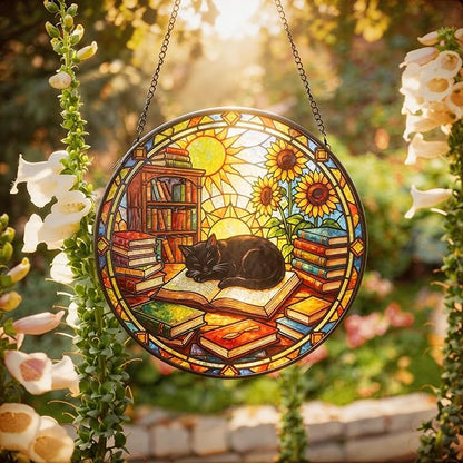 LITIVY Black Cat Suncatcher Stained Glass, Book Lovers Present, 8 Inch Handmade Colorful Library Theme Window Hanging Decor for Reading Nook, Sun Catcher Home Decor