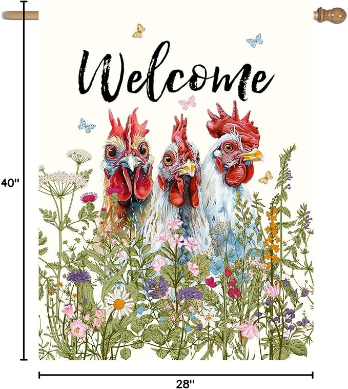 Floral Chicken Garden Flag 28x40 Double Sided Flower Rooster Farmhouse Yard Flag for Outside Welcome Decor
