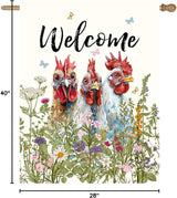 Floral Chicken Garden Flag 28x40 Double Sided Flower Rooster Farmhouse Yard Flag for Outside Welcome Decor