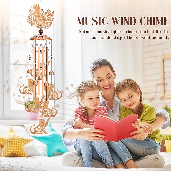 Cat Wind Chimes Outdoor - Metal Animal Windchime Yard Decor Waterproof Garden Backyard Patio Lawn Indoor Art Hanging Christmas New Year Decoration Birthday Gift for Cats Lover Women Mom