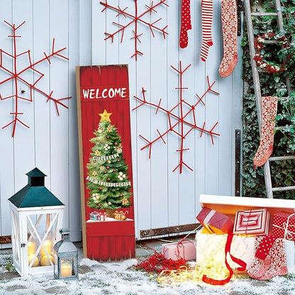 PEROUU Merry Christmas Porch Sign for Front Door, Xmas Wooden Welcome Sign with Christmas Tree for Front Porch Decorations, Winter Garden Decor Outdoor Hanging Signs Wall Sign 31.5" H