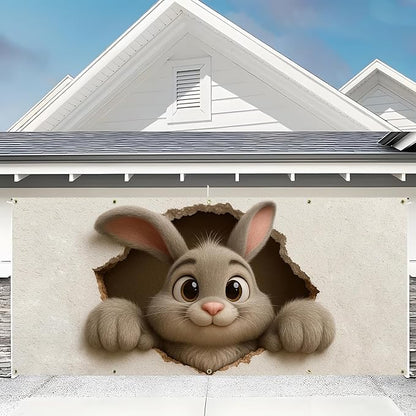 Easter Garage Door Banner Cover, Cute Bunny Wall-Breaking Spring Party Backdrop Decor, Garage Door Cover For Outdoor Yard Holiday Decoration