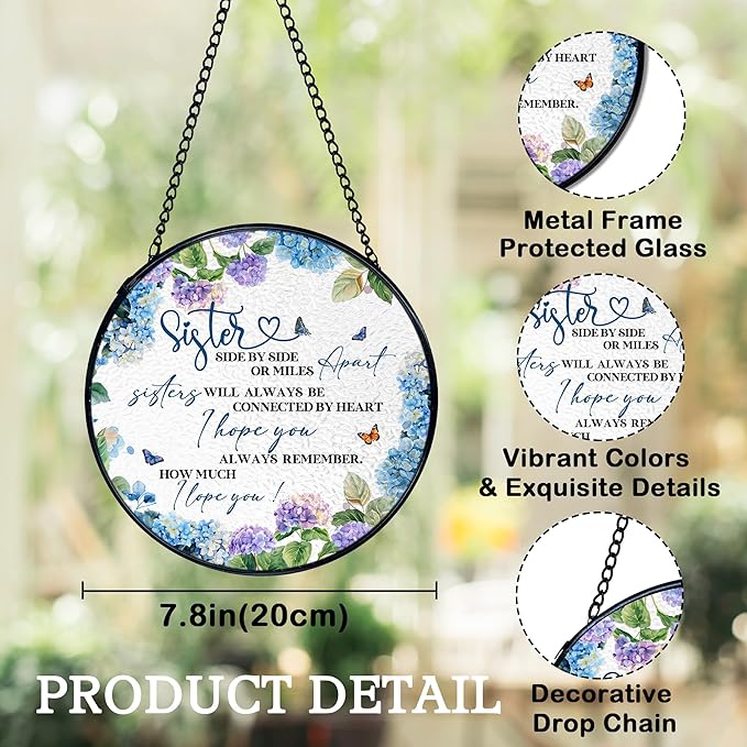 Sisters Gifts, Sister Flower Suncatchers Stained Glass Window Hanging, Sisters Gifts for Christmas Sun Catchers Indoor Window Glass Round Wall Decor, 7.9x7.9in