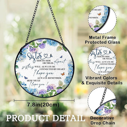 Sisters Gifts, Sister Flower Suncatchers Stained Glass Window Hanging, Sisters Gifts for Christmas Sun Catchers Indoor Window Glass Round Wall Decor, 7.9x7.9in