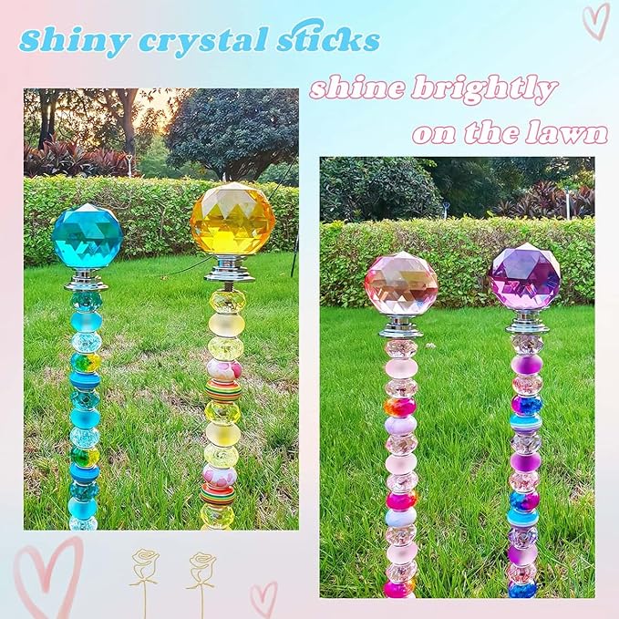 255Pcs Fairy Wand Garden Stake Beads Kits with 225 Large Hole Beads, 12IN Beaded Garden Stakes Kit for Different Holidays, Fairy Garden Accessories Outdoor Kit, Beadable Items (Crystal Ball)