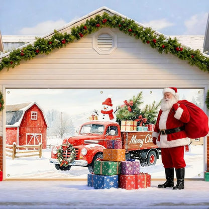 IVN Merry Christmas Garage Door Banner 13x6ft Festive Backdrop Decoration Red Truck Snowman Christmas Photo Prop Background for Joyful Holiday Yard Door Cover Background Outdoor Winter Scene