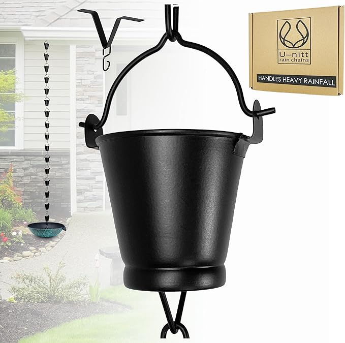U-nitt Rain Chain Water Collection for Gutters Rainwater Catcher & Diverter, 8.5 FT Chains for Outside Garden, Black Bucket Cups, Roof Downspout, Works with Heavy Rain, w/Gutter Clip for Rainchains