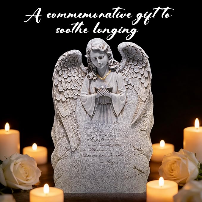 basen Memorial Angel Statue for Grave, Praying Angel Garden Statue with Engraved Message, Resin Cemetery Decoration for Outdoor Yard Lawn, Remembrance Angel Figurine Sympathy Gift