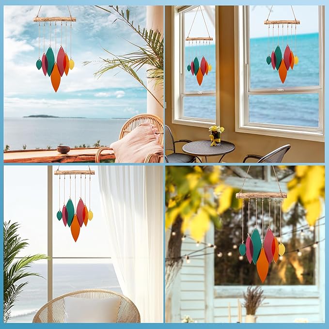 Sea Glass Wind Chimes Art Decor - Stained Glass Suncatcher Window Hanging, Driftwood Hand Crafted Design Beach Wind Chimes - Patio Garden Yard Decor Home Decor (Colorful)