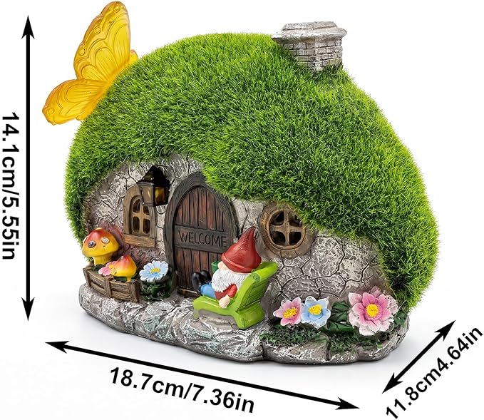 Solar Fairy Garden House Accessories, Outdoor Garden Statues with Butterfly Lights & Gnomes Gardening Gifts for Women, House Sculpture Figurine Outside Garden Decorations for Yard Patio Lawn Decor