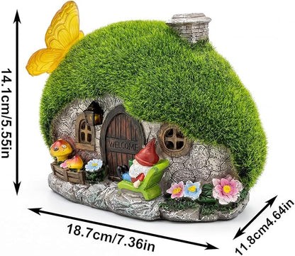 Solar Fairy Garden House Accessories, Outdoor Garden Statues with Butterfly Lights & Gnomes Gardening Gifts for Women, House Sculpture Figurine Outside Garden Decorations for Yard Patio Lawn Decor