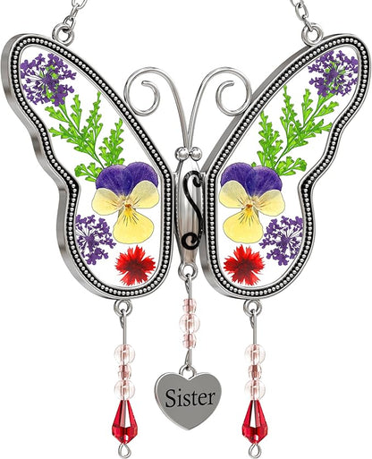 KY&BOSAM Suncatcher Butterfly Stained Glass Sister Suncatchers Hangings for Window Wind Chime Ornament with Pressed Dried Flower Wings Embedded in Glass for Mom Birthdays Christmas