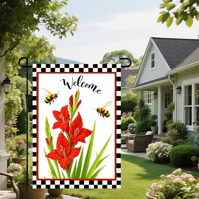 IVN Welcome Garden Flag 12x18 Inch Double Sided Spring Summer Garden Yard Flags Red Gladiolus Flowers Bees Decorative Small Flags for Outdoor Seasonal Front Door Lawn Porch Patio Decor Yard Flag