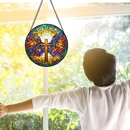 DASTOLL Stained Glass Window Hanging - Jesus Cross Wings Suncatcher Ready to Hang Window Doors Home Decoration and Christmas, Mother's Day Birthday Gifts for Women, Men, and Mom 11.8x11.8 in