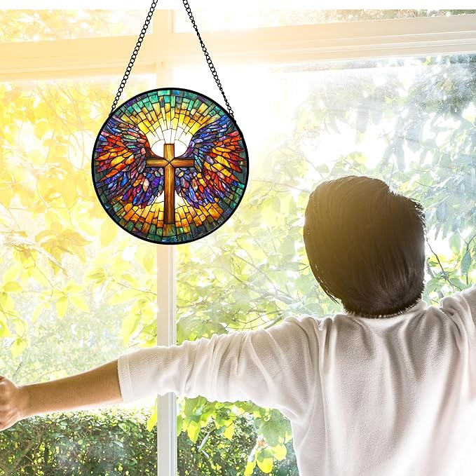 DASTOLL Stained Glass Window Hanging - Jesus Cross Wings Suncatcher Ready to Hang Window Doors Home Decoration and Christmas, Mother's Day Birthday Gifts for Women, Men, and Mom 6.3x6.3 in