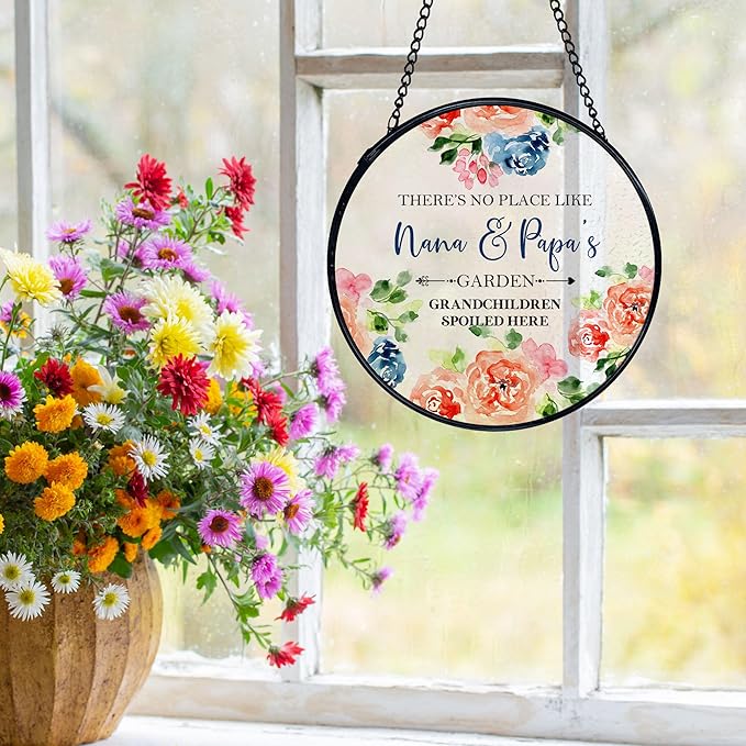 Patio Nana and Papa Gifts Suncatchers Stained Glass Window Hanging, Grandparents Gifts from Grandkids Sun Catchers Indoor Window, Grandma and Grandpa Gift, 7.9x7.9in