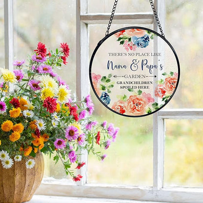Patio Nana and Papa Gifts Suncatchers Stained Glass Window Hanging, Grandparents Gifts from Grandkids Sun Catchers Indoor Window, Grandma and Grandpa Gift, 7.9x7.9in