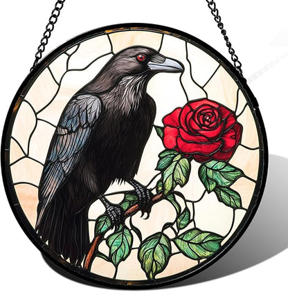 Stained Glass Window Hanging - Black Crow Red Rose Suncatcher for Doors Garden Patio Bird Sun Catchers Decor Christmas Mother's Day Birthday Gifts for Women Men Mom Nana Friend 11.8 in