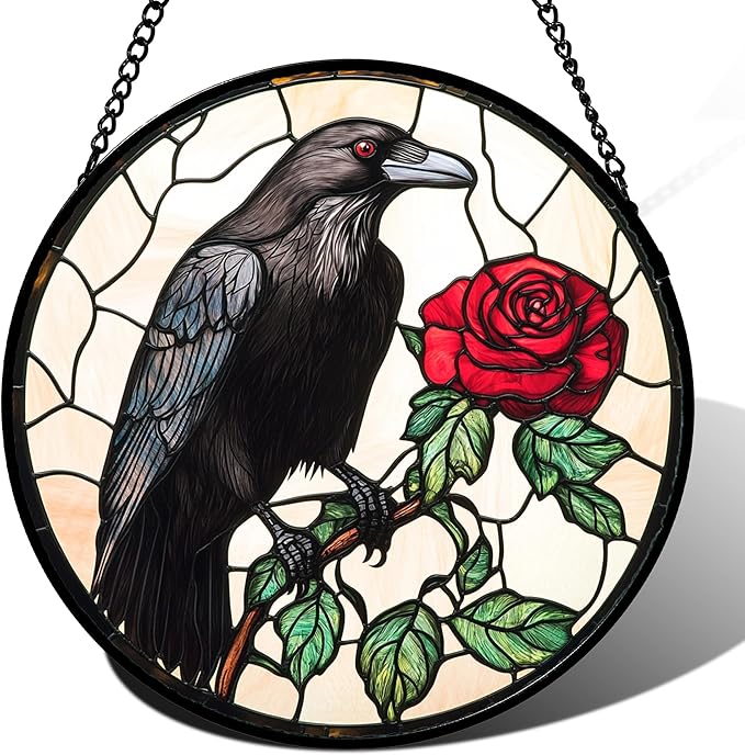 Stained Glass Window Hanging - Black Crow Red Rose Suncatcher for Doors Garden Patio Bird Sun Catchers Decor Christmas Mother's Day Birthday Gifts for Women Men Mom Nana Friend 9.8 in