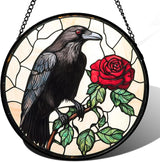 Stained Glass Window Hanging - Black Crow Red Rose Suncatcher for Doors Garden Patio Bird Sun Catchers Decor Christmas Mother's Day Birthday Gifts for Women Men Mom Nana Friend 9.8 in