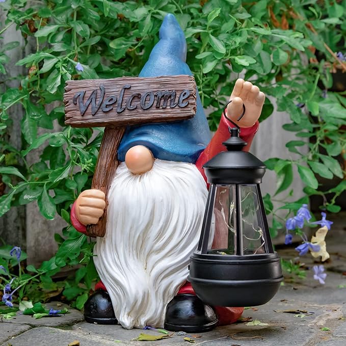 Garden Gnome Outdoor Decoration Solar Gnomes Statue with Lantern LED Lights,Terrace Courtyard Lawn Patio Porch Spring Decoration Easter Christmas Housewarming Gifts for Mom Women, Gnome Blue