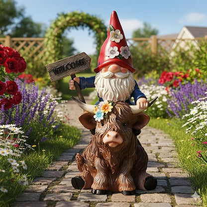 Solar Highland Cow Statue with Gnome Holding Welcome Sign Resin Highland Cow Figurines 9.2" Waterproof for Outdoor Lawn Yard Porch Patio Decor Housewarming Gifts for Women Mom Grandma