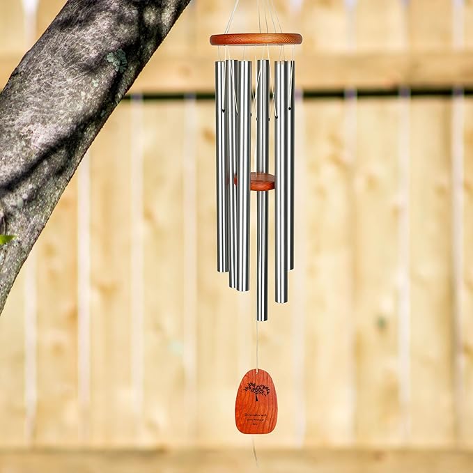 Woodstock Wind Chimes Personalized Tree of Life Amazing Grace Memorial Chime for Outside 40'' Large Silver Sympathy Customized Tree of Life Inspirational Wind Chime for Outdoor Patio Home Garden Decor