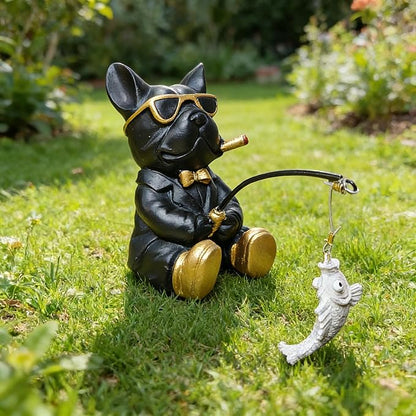 Outdoor Bulldog Resin Statue, Bulldog Garden Decoration for The Courtyard, Gift for Dog Lovers and Fishing Enthusiasts, Unique Garden Statue, Tabletop Animal Miniature Statue