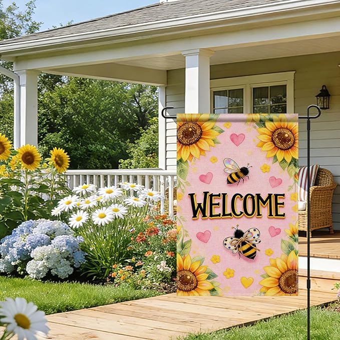 IVN Spring Summer Garden Flag 12x18 Inch – Welcome Sunflower Bee Outdoor Flag, Double Sided Burlap Farmhouse Yard Flag for Porch Lawn Patio Seasonal Home Decor