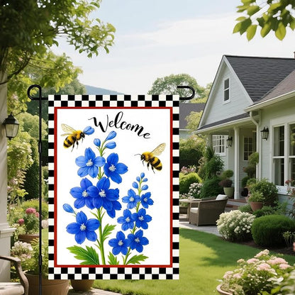 IVN Floral Welcome Garden Flag 12x18 Inch Double Sided Yard Flag Double Sided Bluebells Flowers with Bees Decorative Small Flags for Outside Seasonal Farmhouse Yard Outdoor Decoration Flags