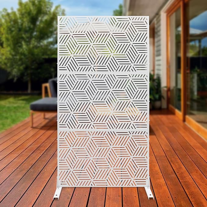 Metal Privacy Screen, 72" H x 36" W Freestanding Privacy Screens, Patio Decorative Metal Fence Panels with Stand, Portable Divider Screens, for Backyard/Patio/Deck (White-Rhombic, 72''H×36''W)