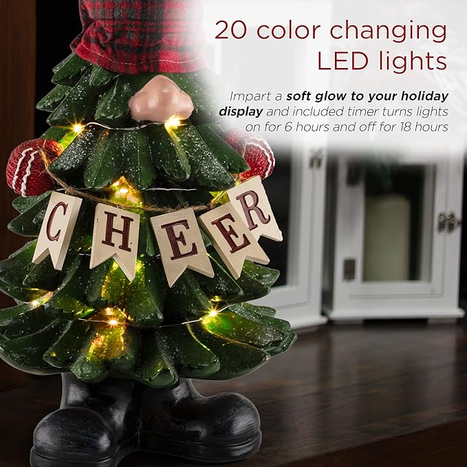 Alpine Corporation 28" Tall Christmas Tree Cheer Gnome Holiday Decoration with 20 Color-Changing LED Lights, Indoor/Outdoor Festive Accent for Porch, Lawn, or Entryway