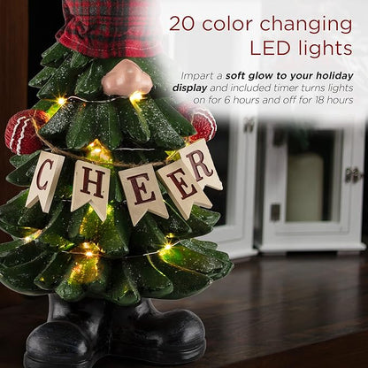 Alpine Corporation 28" Tall Christmas Tree Cheer Gnome Holiday Decoration with 20 Color-Changing LED Lights, Indoor/Outdoor Festive Accent for Porch, Lawn, or Entryway