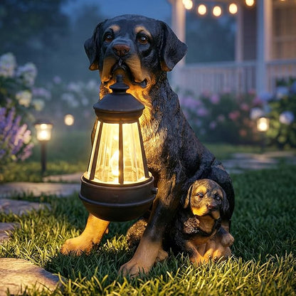 Rottweiler Dog Garden Statue with Solar Lantern & A Double-Sided Sign (Welcome/On Patrol), 11.4" Outdoor Resin Puppy Sculpture Yard Art Decor for Patio Lawn Porch, Dog Lover Gift