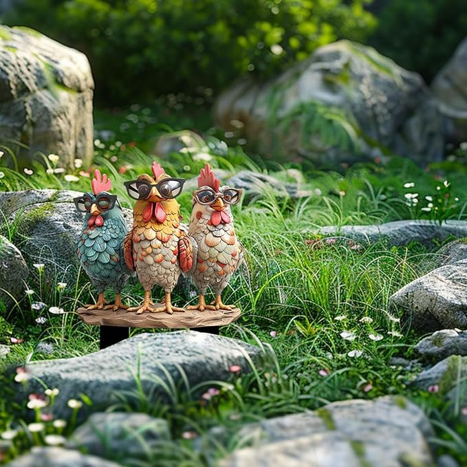 Garden Stake Decor, Acrylic 2D Flat Cute Animal Statue, Fairy Sculptures Ornament Indoor Outdoor Yard Lawn Pot Plant Decorative Accessories (Three Roosters Wearing Glasses)