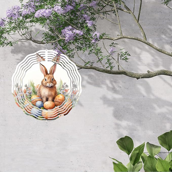 Easter Bunny Wind Spinner Easter Day Gifts 3D Metal Kinetic Hanging Wind Sculpture Spinners for Yard and Garden Indoor Outdoor Window Easter Rabbit Yard Art Garden Decoration 8 Inch (Bunny 5)