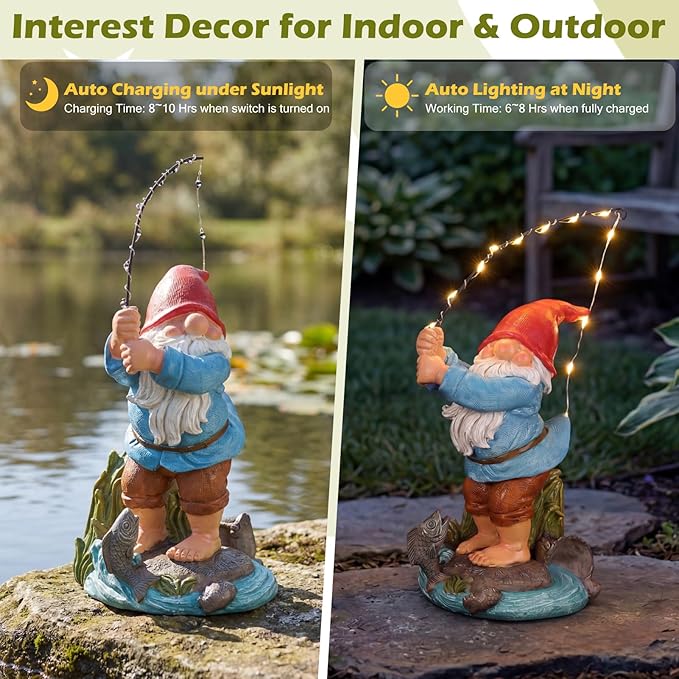 EXYGLO Solar Gnome Garden Decor Statue, 8.5" Fishing Gnome Outdoor Funny Decoration for Lawn, Patio, Yard, and Unique Housewarming, Birthday Ornament Gift for Mother, Friend, Family
