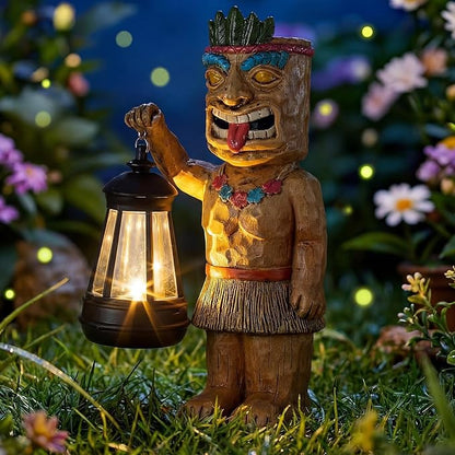 Tuanse 9.5" H Solar Tiki Statue Bar Decorations Outdoor Garden Patio Hawaiian Luau Tiki Figurine with Solar Lantern Light Tropical Summer Decor for Lawn Yard Pool Housewarming Birthday Funny Gift