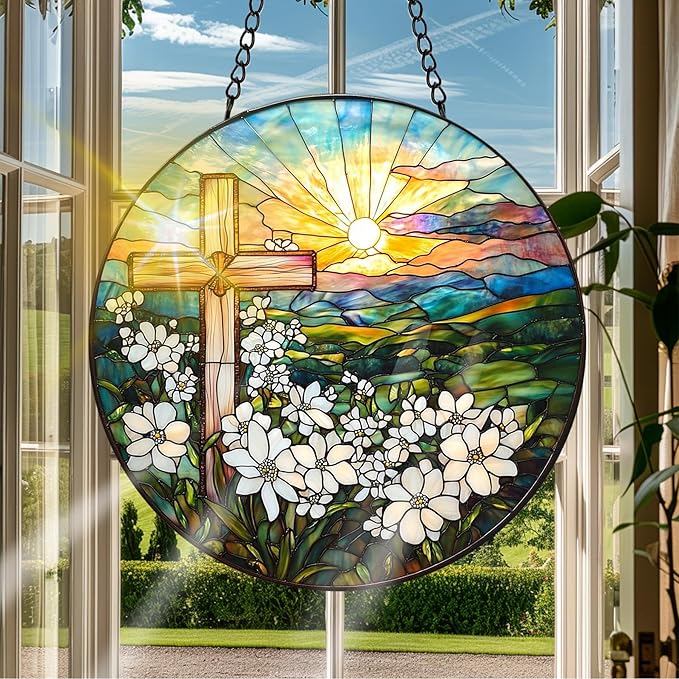 VAIIEYO Cross Sun Catcher Stained Glass Window Hanging Ornament, Handmade Sun Catcher Flower Religion Decoration with Hooks for Window Garden Home, Mother's Day & Birthday Housewarming Gift (7.8 inch)