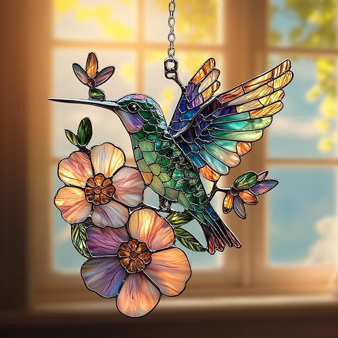 Hummingbird and Flower Acrylic Suncatcher, Flower Suncatchers for Window Hangings, Stained Glass Effect Garden Decor, Gift for Mother's Day, Mom, Grandma, Wife, Women