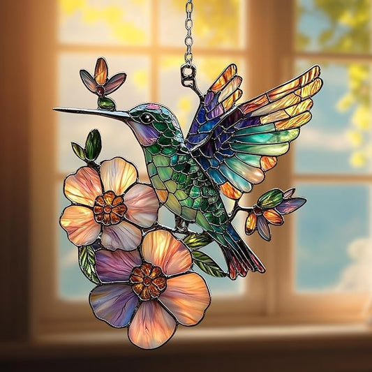 Hummingbird and Flower Acrylic Suncatcher, Flower Suncatchers for Window Hangings, Stained Glass Effect Garden Decor, Gift for Mother's Day, Mom, Grandma, Wife, Women
