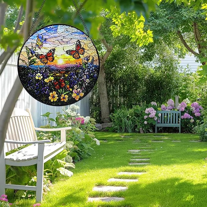 Stained Glass Window Hanging, 8 in Butterfly Sun Catchers, Diamond Glass Panel Landscape Suncatcher for Home Decor - Gift for Women Mother's Day Christmas