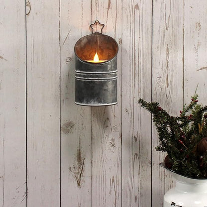 CVHOMEDECO. Vintage Galvanized Can Flameless LED Candle, Real Wax in Antique Galvanized Jar Flickering Candle with Remote Control for Tabletop Wall Decor. H 8 Inch