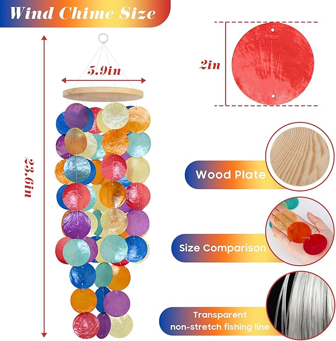 Wind Chimes for Outside - Handcrafted Rainbow Capiz Shells Windchime Coastal Style Decor for Indoor/Outdoors, Garden Decor, Great for Women, Wind Chimes Lovers and More