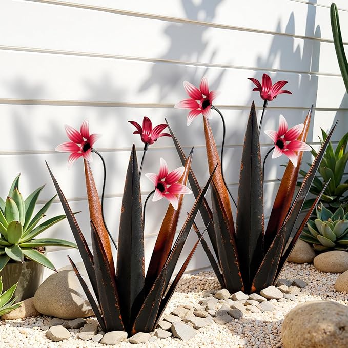 2 Pack Metal Agave Plant Sculptures, Outdoor Agave Plants, Tequila Rustic Sculpture, 16” Hand Painted Garden Decoration Yard Art Plant