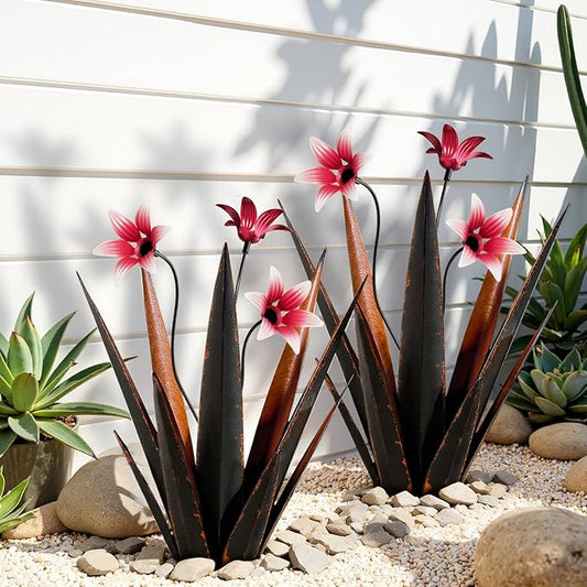 2 Pack Metal Agave Plant Sculptures, Outdoor Agave Plants, Tequila Rustic Sculpture, 16” Hand Painted Garden Decoration Yard Art Plant